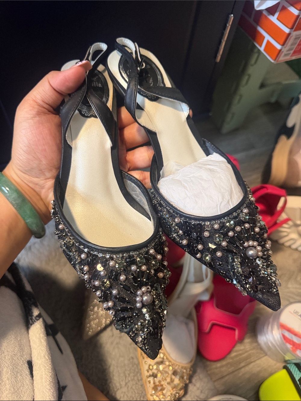Embellished Black Pointed Toe Slingback Flats rene caovilla